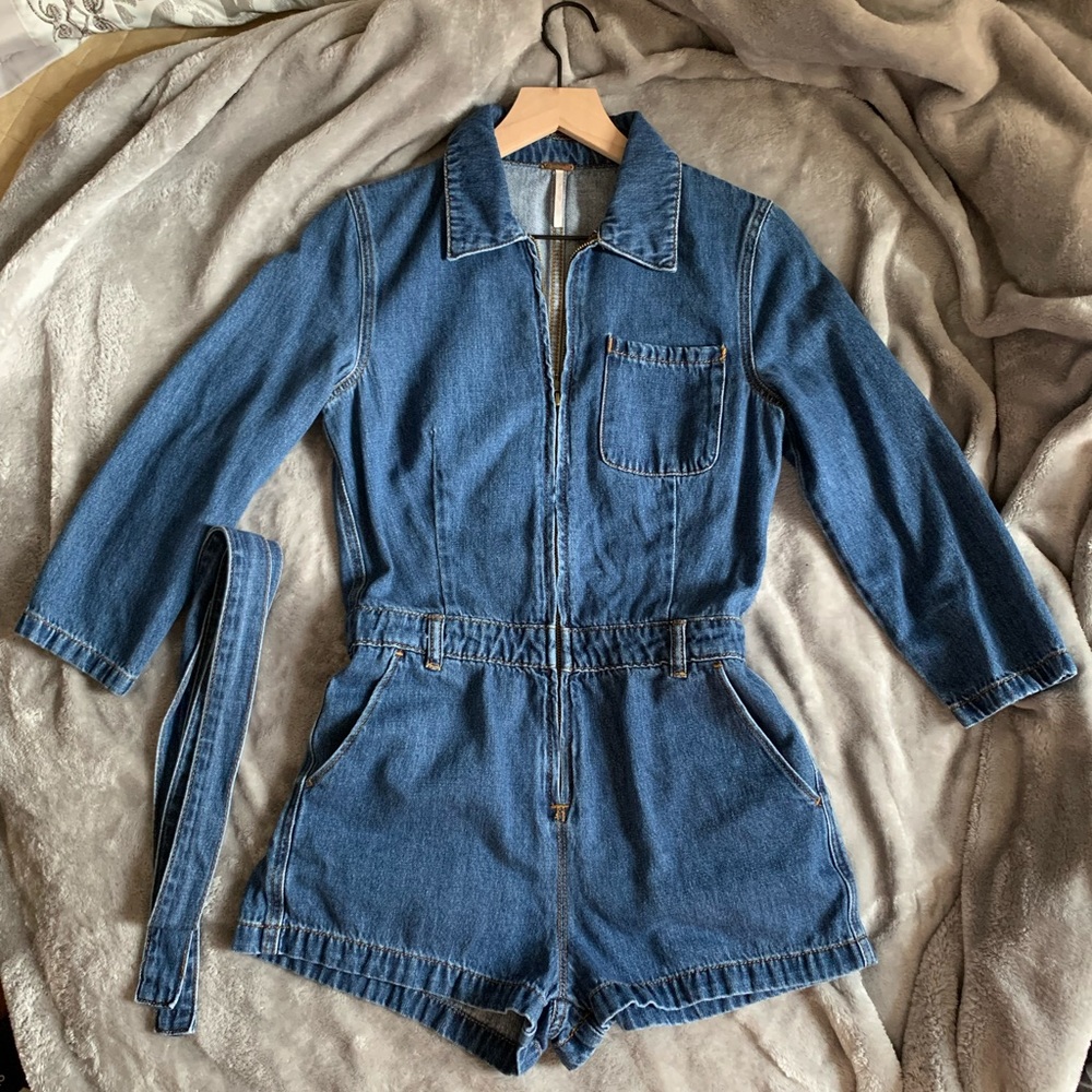 Free People belted denim romper jumpsuit
